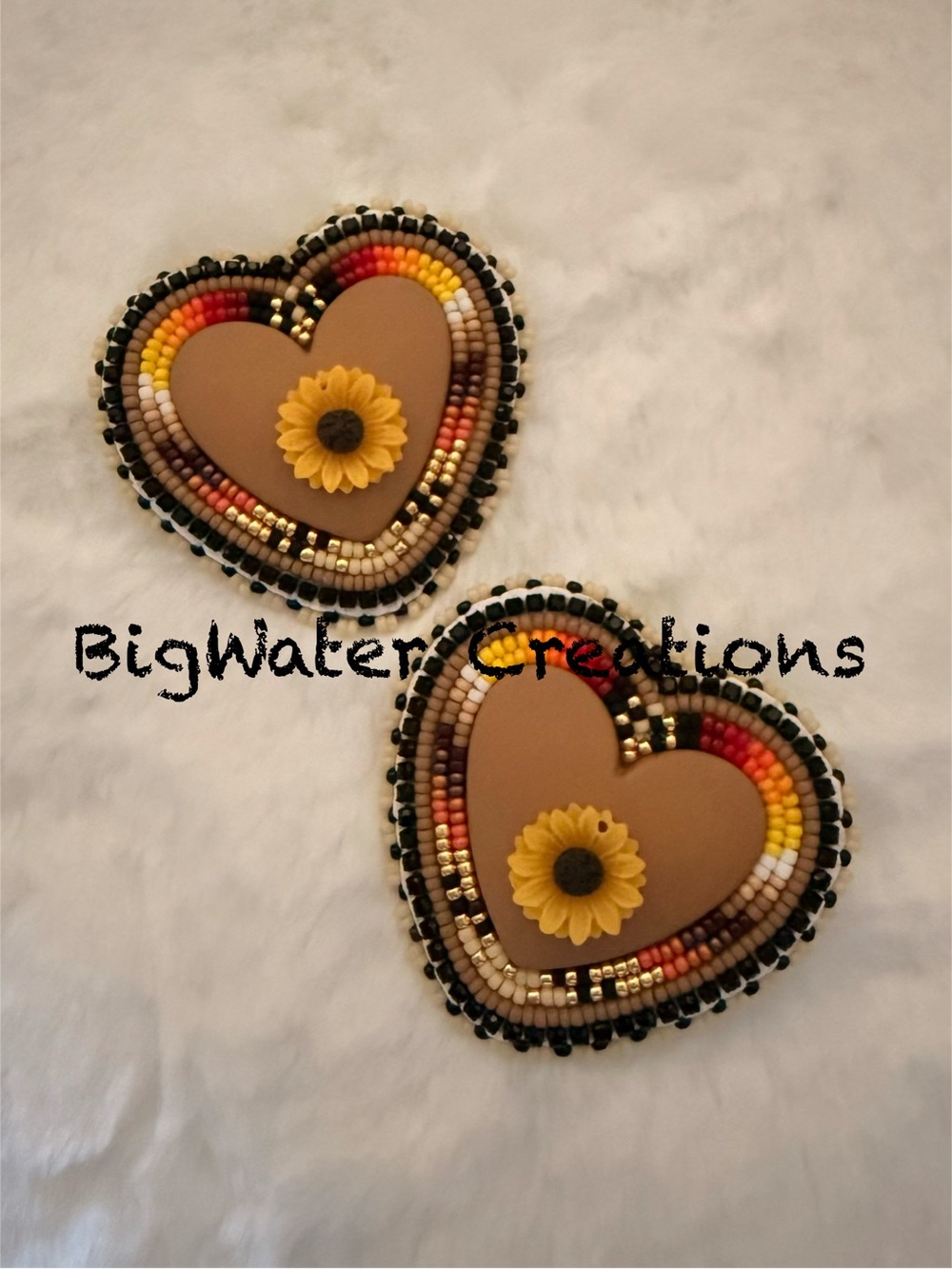 Handmade Beaded Heart Patches with Sunflower Accent - Brown & Yellow